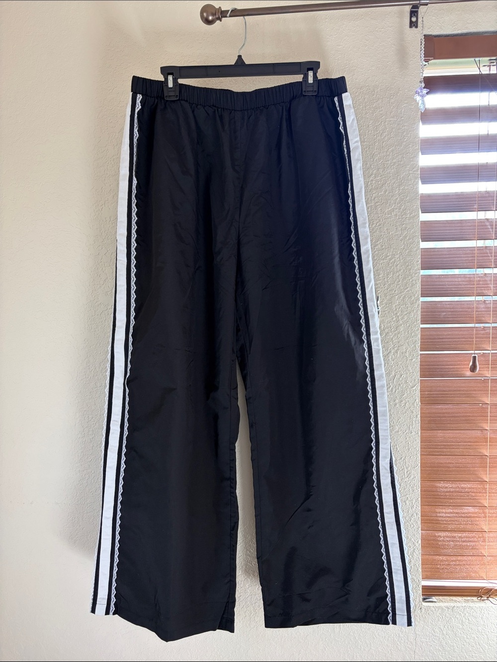 Black Wide Leg Pants with White Lace Side Stripes